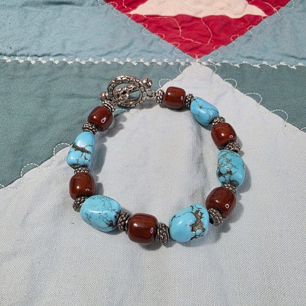 Handmade Beaded Bracelet Womens 8.5 Inch Blue Brown Turquoise Jasper Toggle